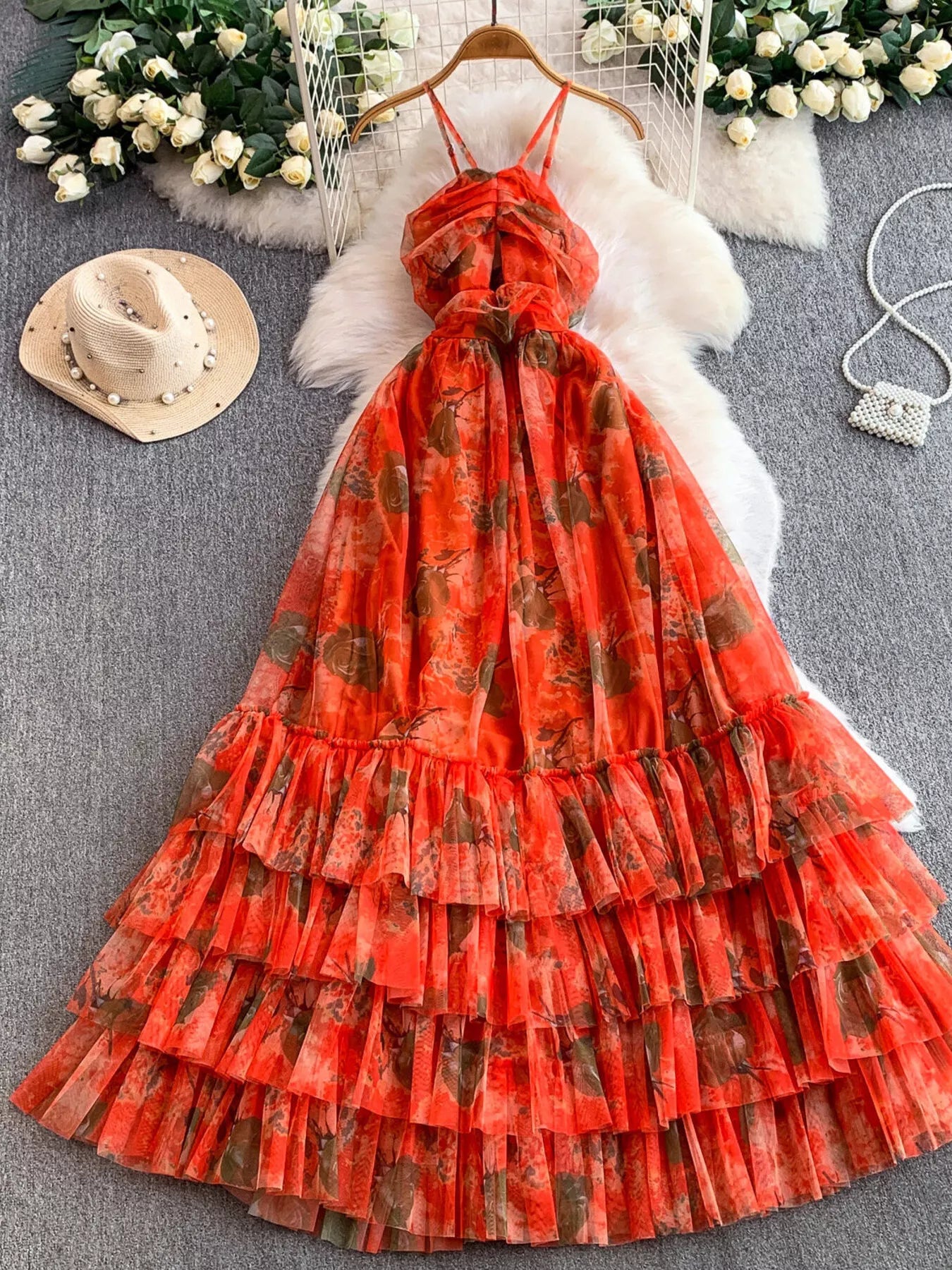 Floral Print Ruffled Layered Mesh Dress - Girly Tea