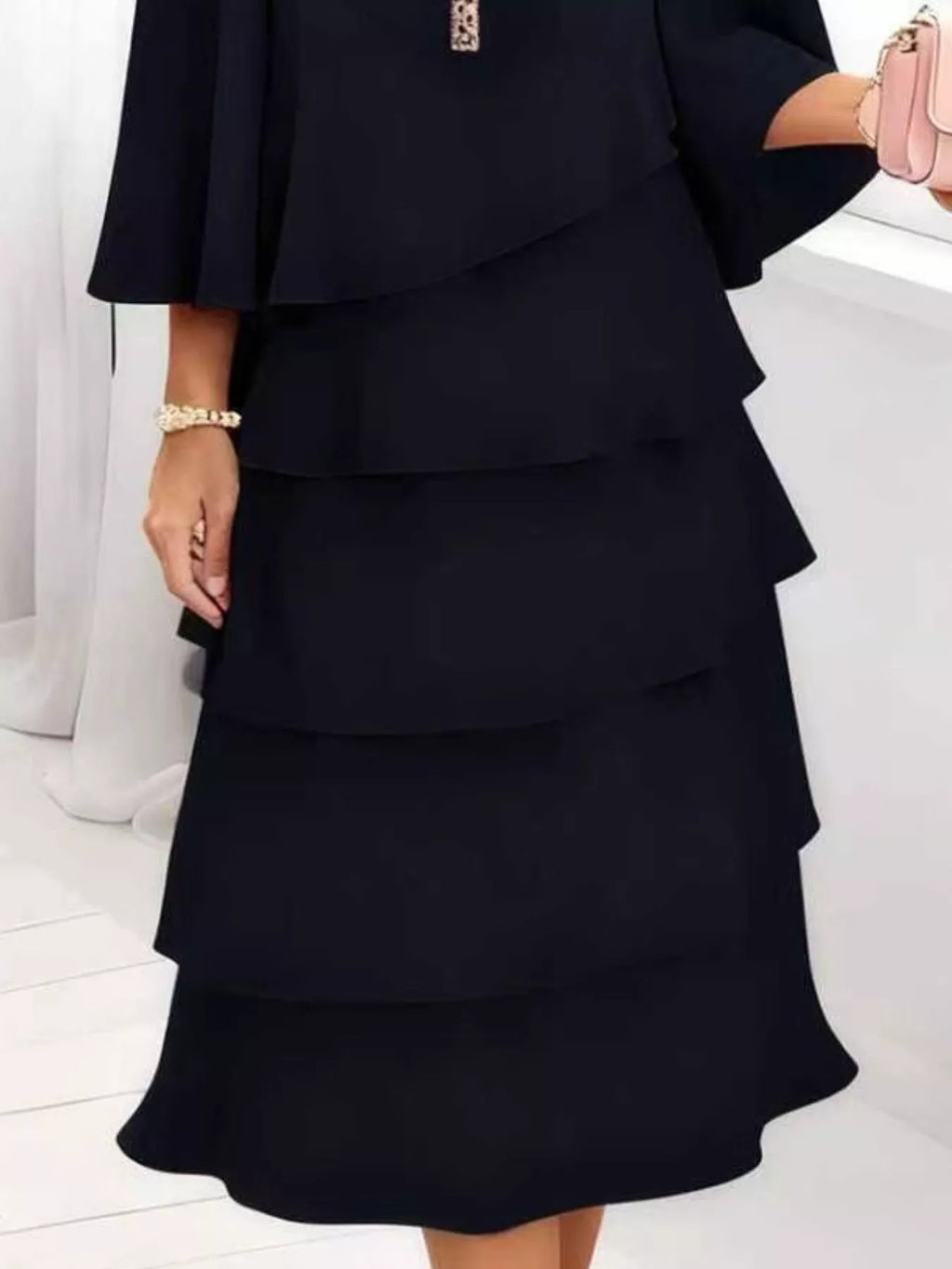 Full Size Ruffled Layered 3/4 Sleeve Dress Plus Size - Girly Tea