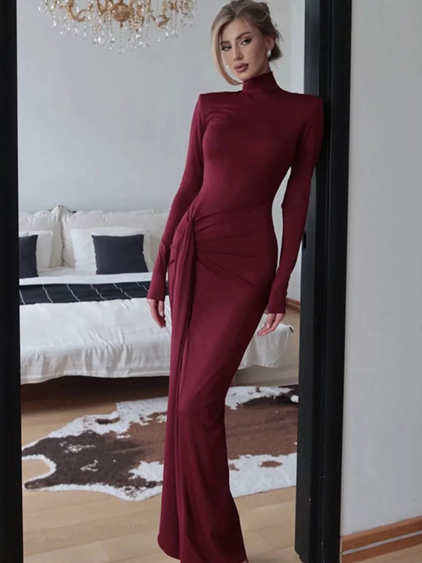 Turtleneck Long Sleeve Tie Waist Maxi Dress - Girly Tea