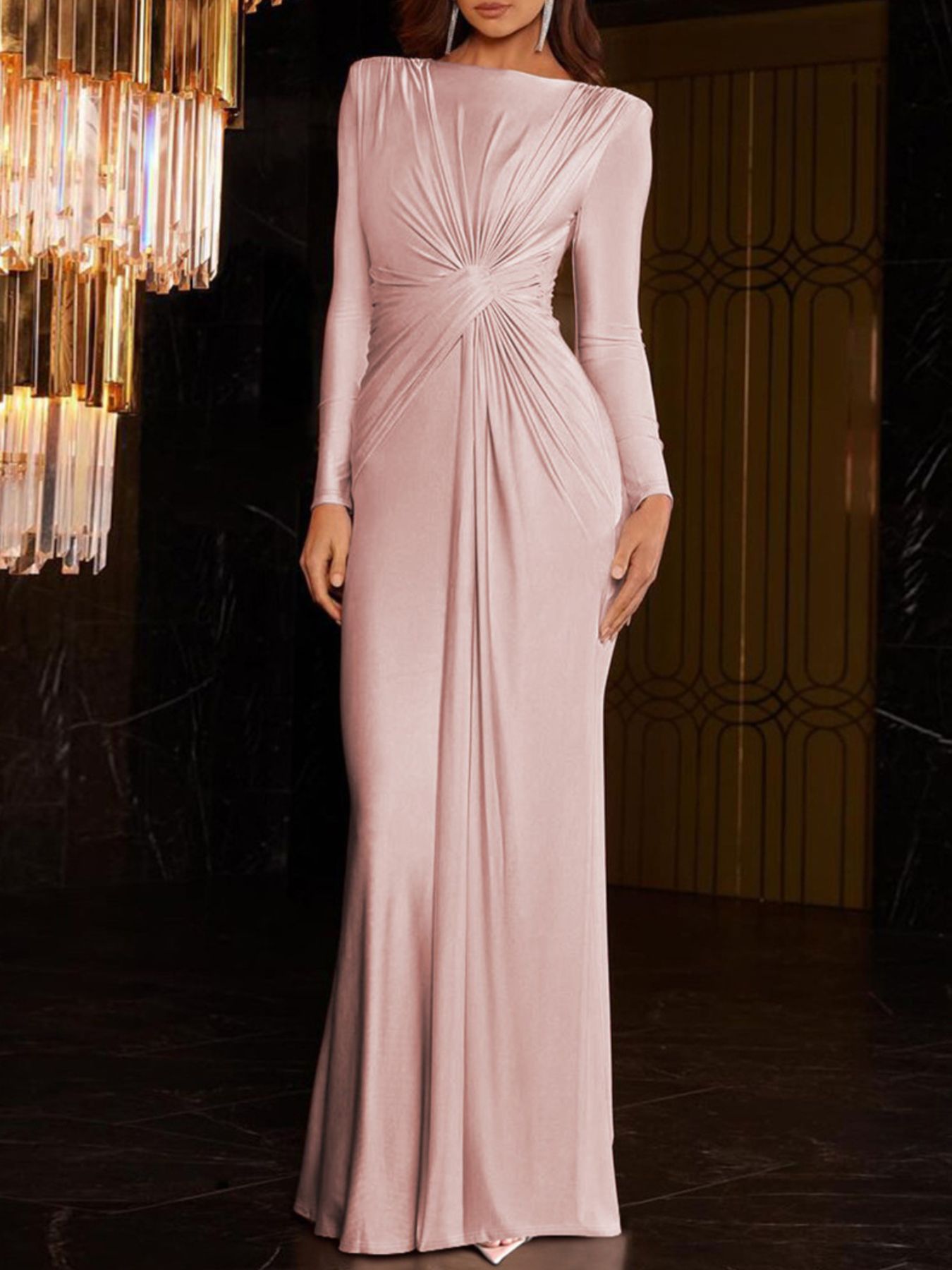 Ruched Knot Front Long Sleeve Maxi Dress - Girly Tea
