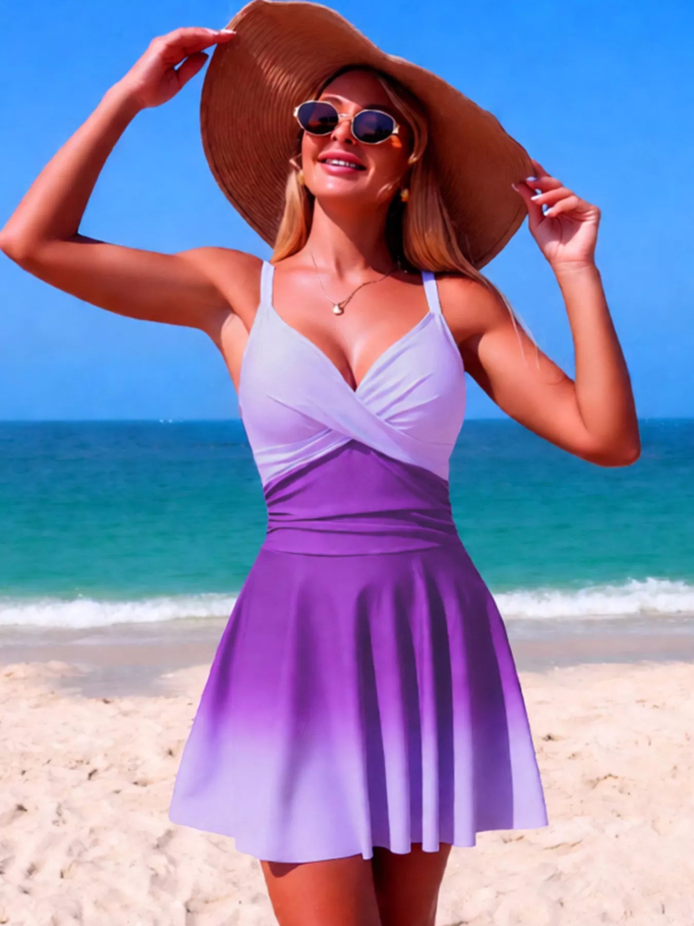 V-Neck Gradient One-Piece Swimsuit - Girly Tea