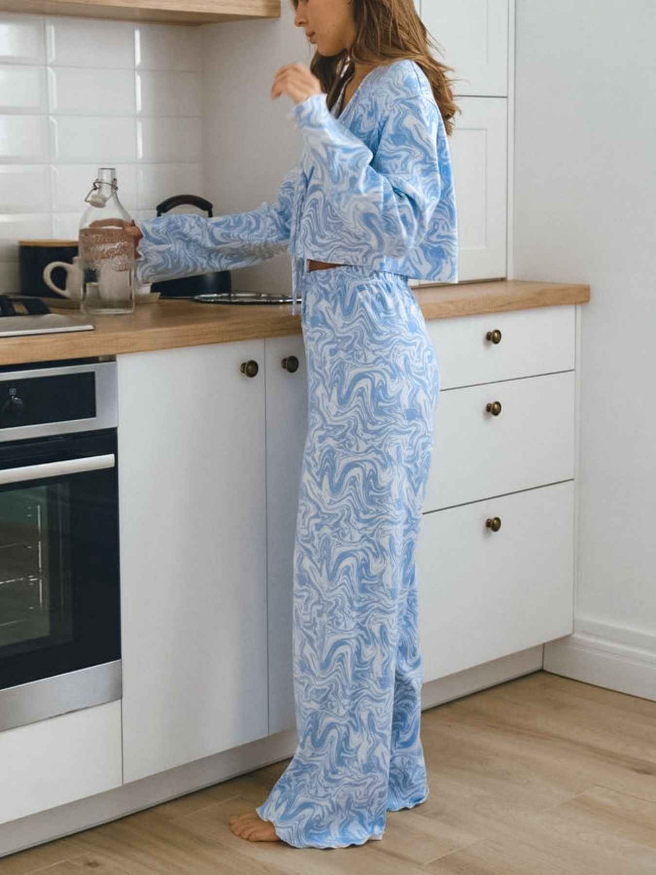 Tie Front Long Sleeve Top and Pants Lounge Set