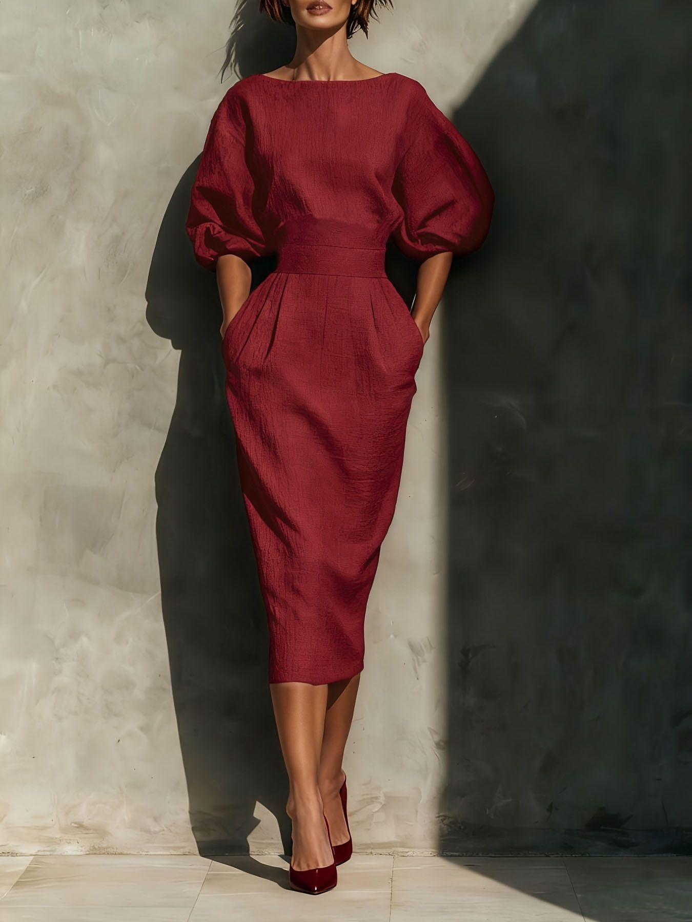 Round Neck Puff Sleeves Midi Dress - Girly Tea