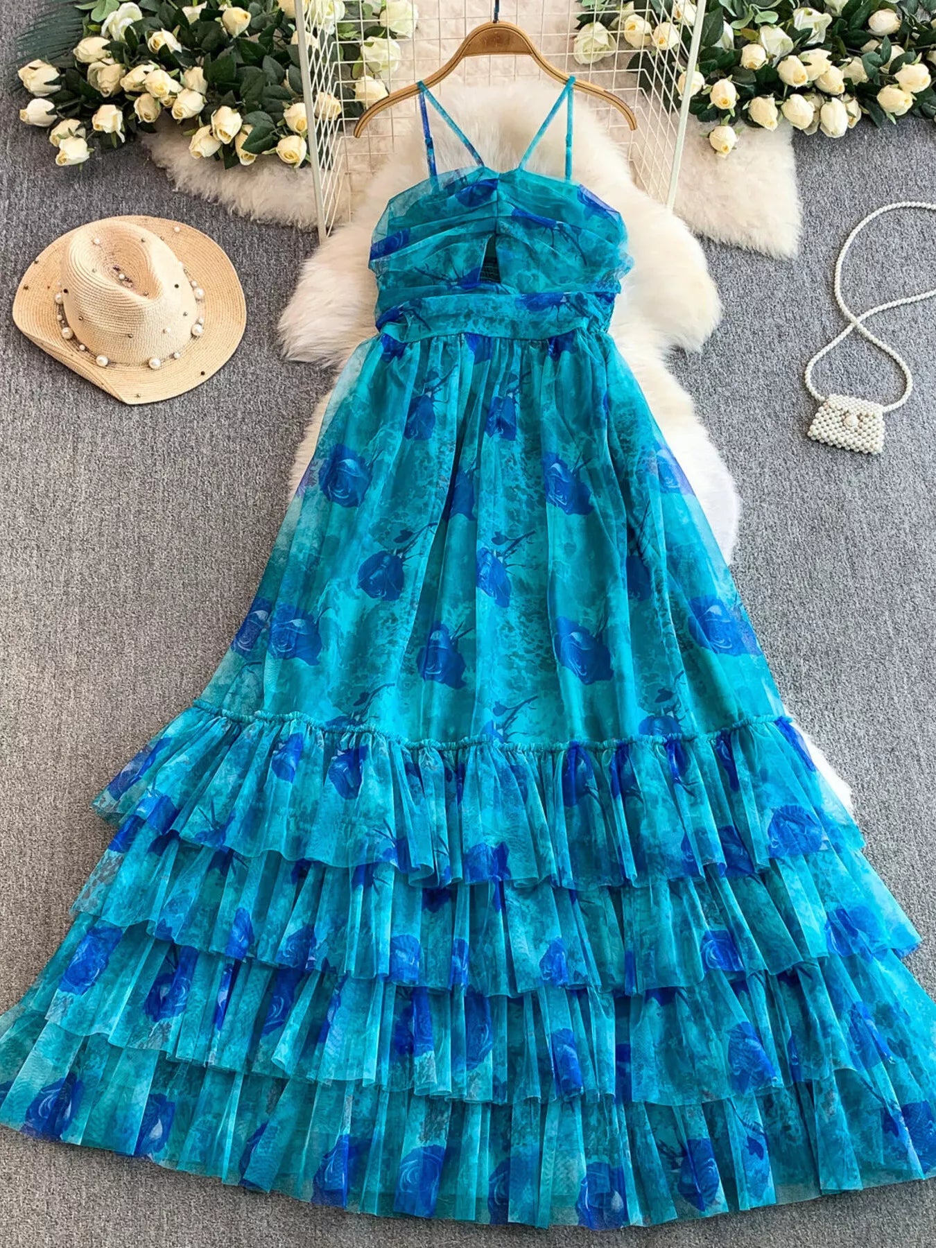 Floral Print Ruffled Layered Mesh Dress - Girly Tea