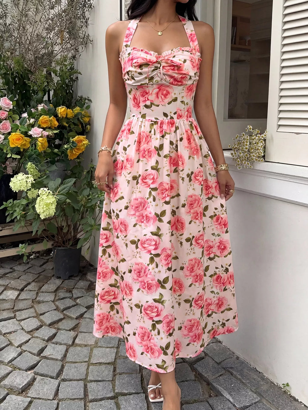 Floral Print Halter Neck Midi Dress - Girly Tea