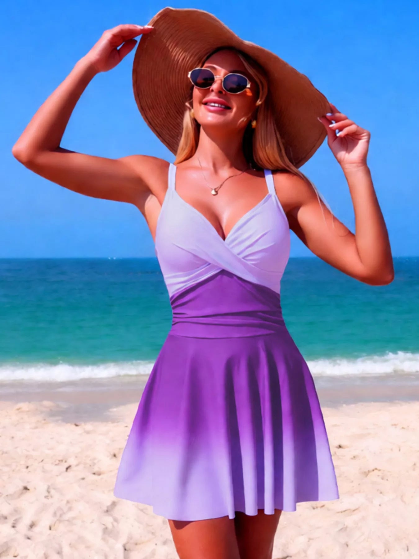 V-Neck Gradient One-Piece Swimsuit - Girly Tea
