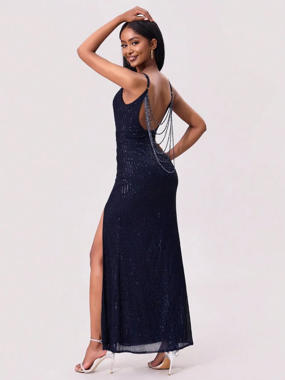 Split Sequin Backless Maxi Cami Dress - Girly Tea