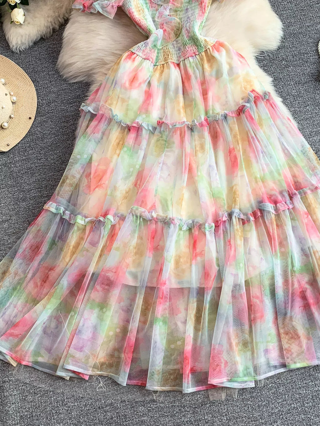Smocked Floral Tiered Mesh Midi Dress - Girly Tea