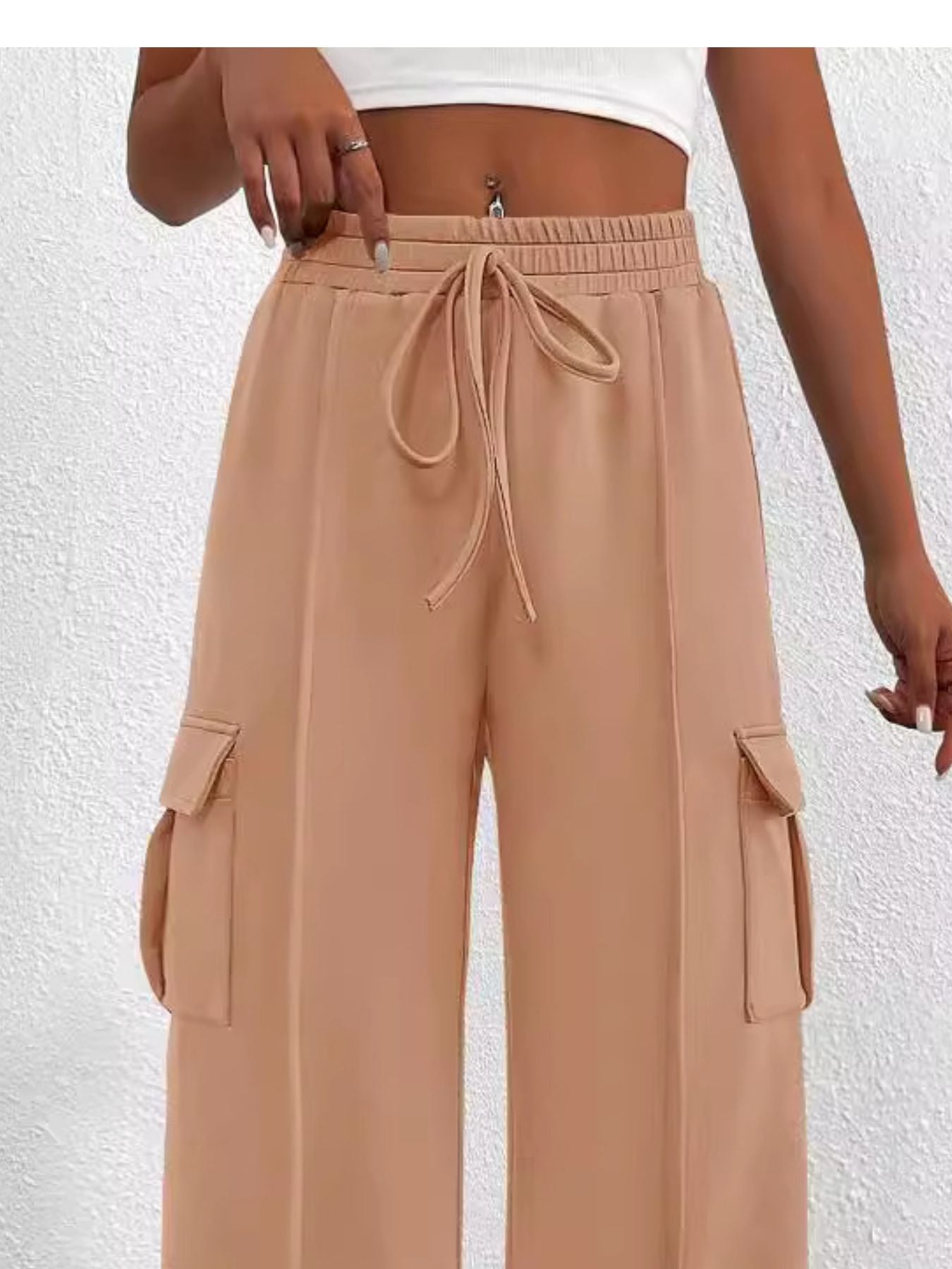 Casual High Waist Cargo Pants with Drawstring - Girly Tea