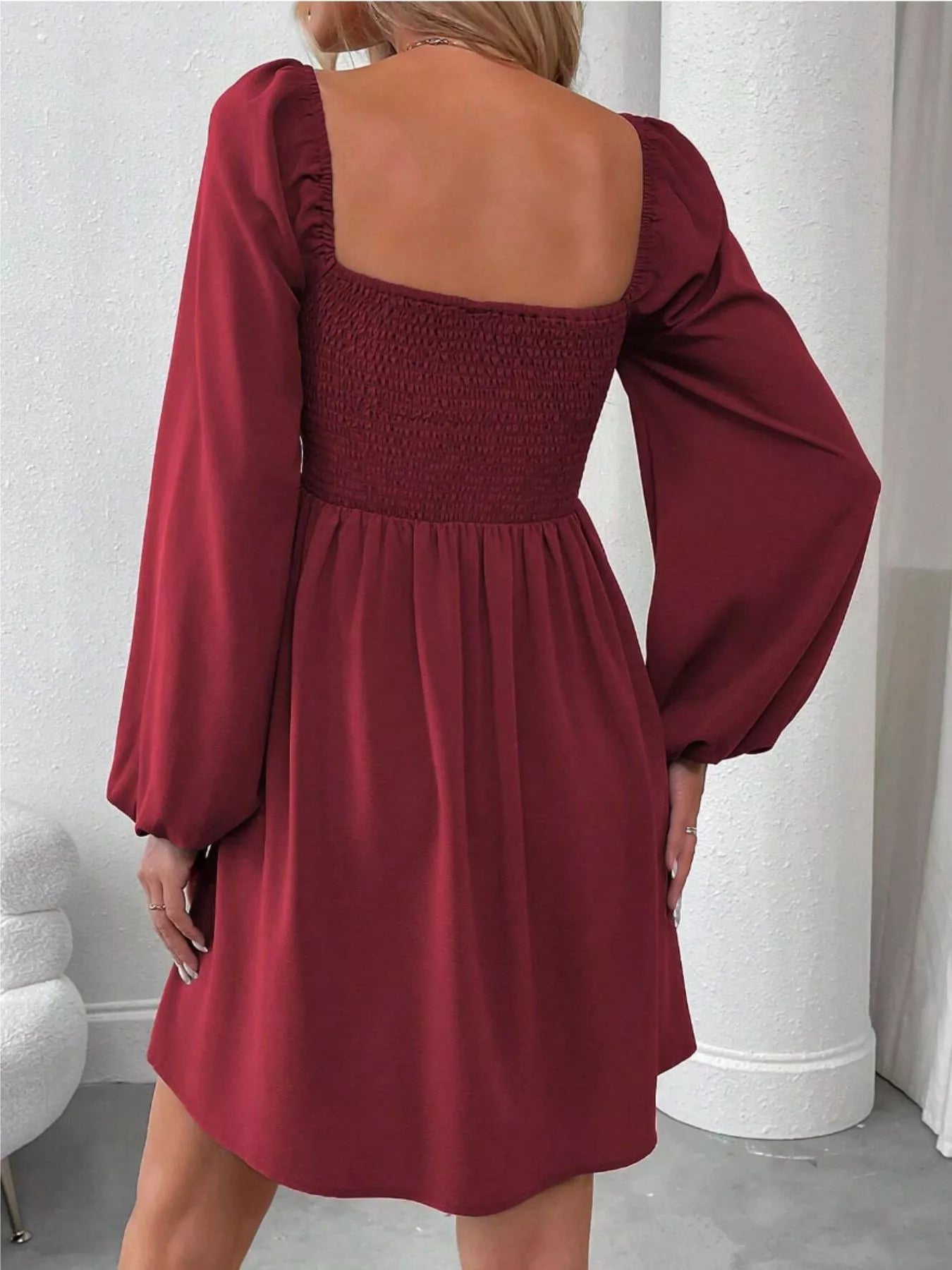 Ruched Square Neck Long Sleeve A-Line Dress - Girly Tea