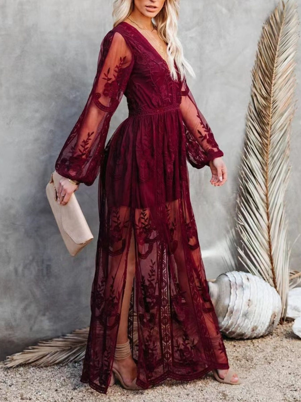 Floral Lace Slit Maxi Dress - Girly Tea