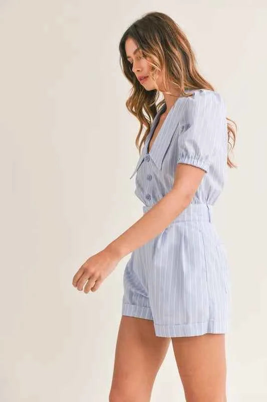 MABLE Striped Puff Sleeve Collared Neck Romper