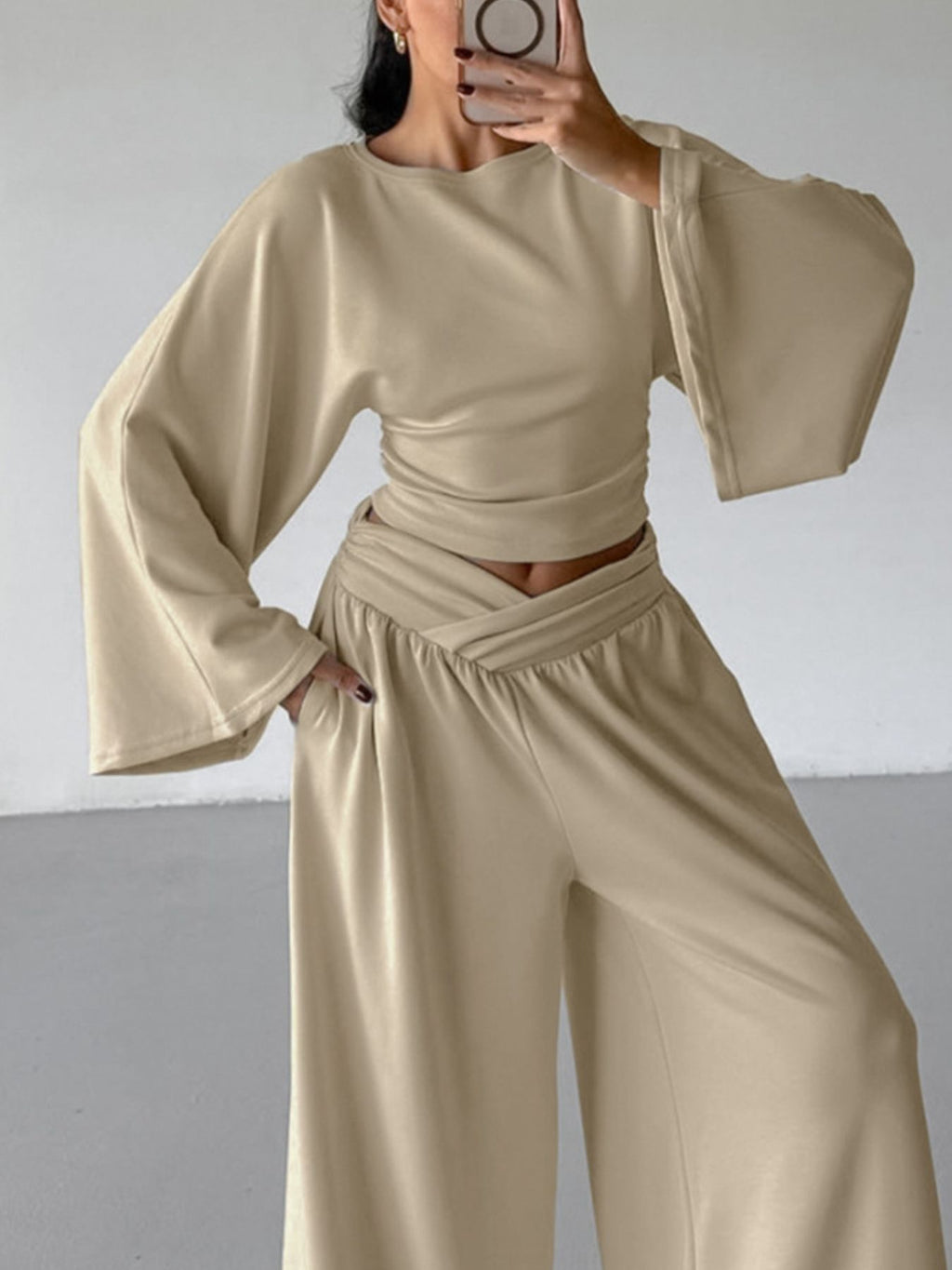 Round Neck Top and Wide Leg Pants Set - Girly Tea