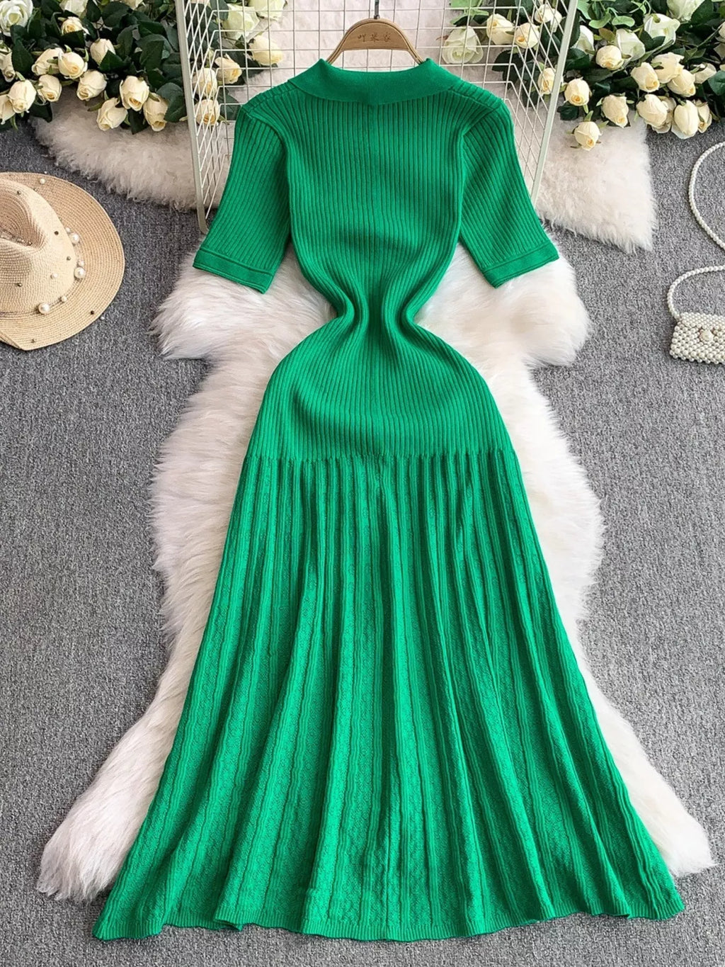 Button Front Ribbed Knit Midi Dress - Girly Tea