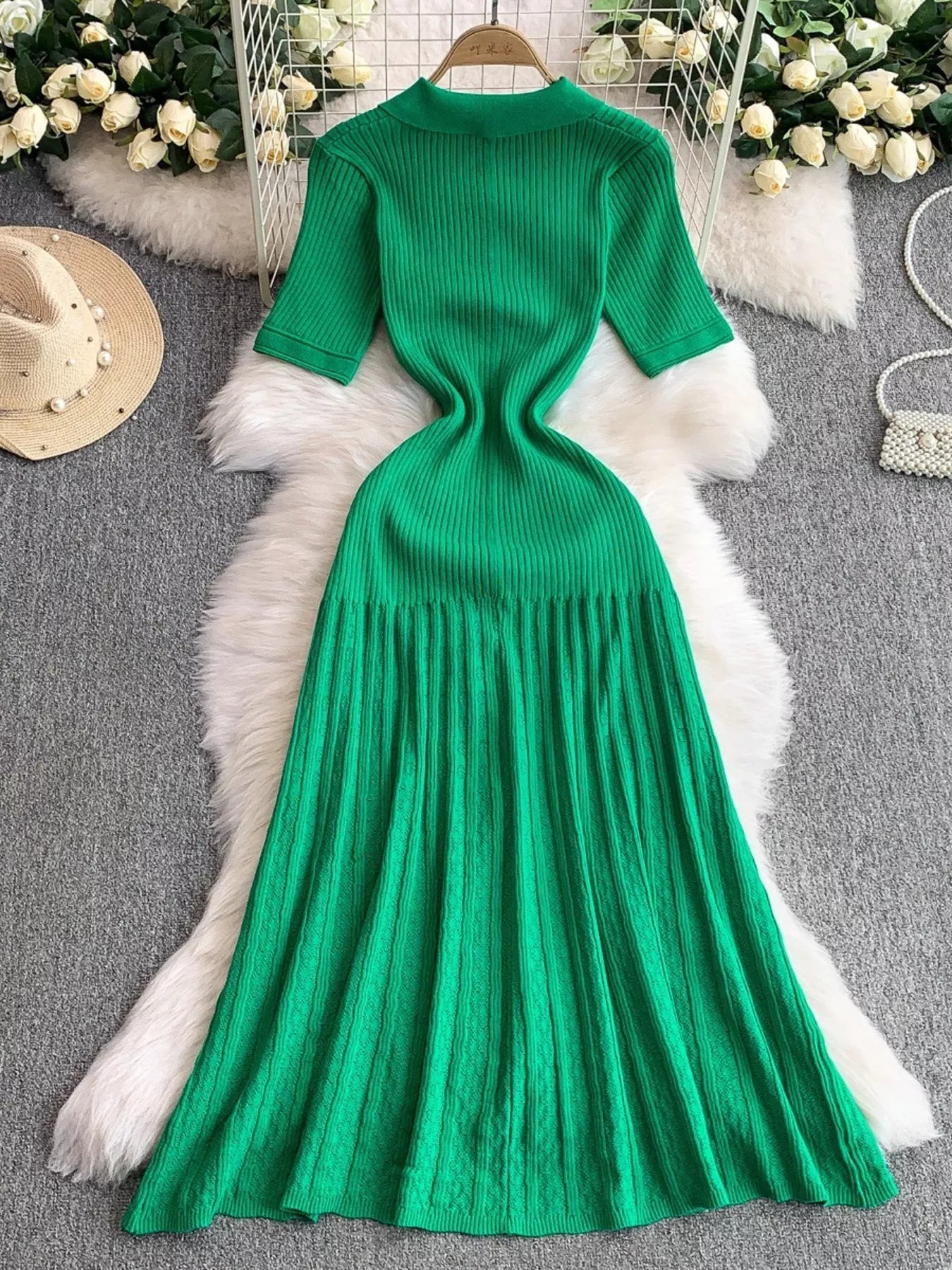 Button Front Ribbed Knit Midi Dress - Girly Tea