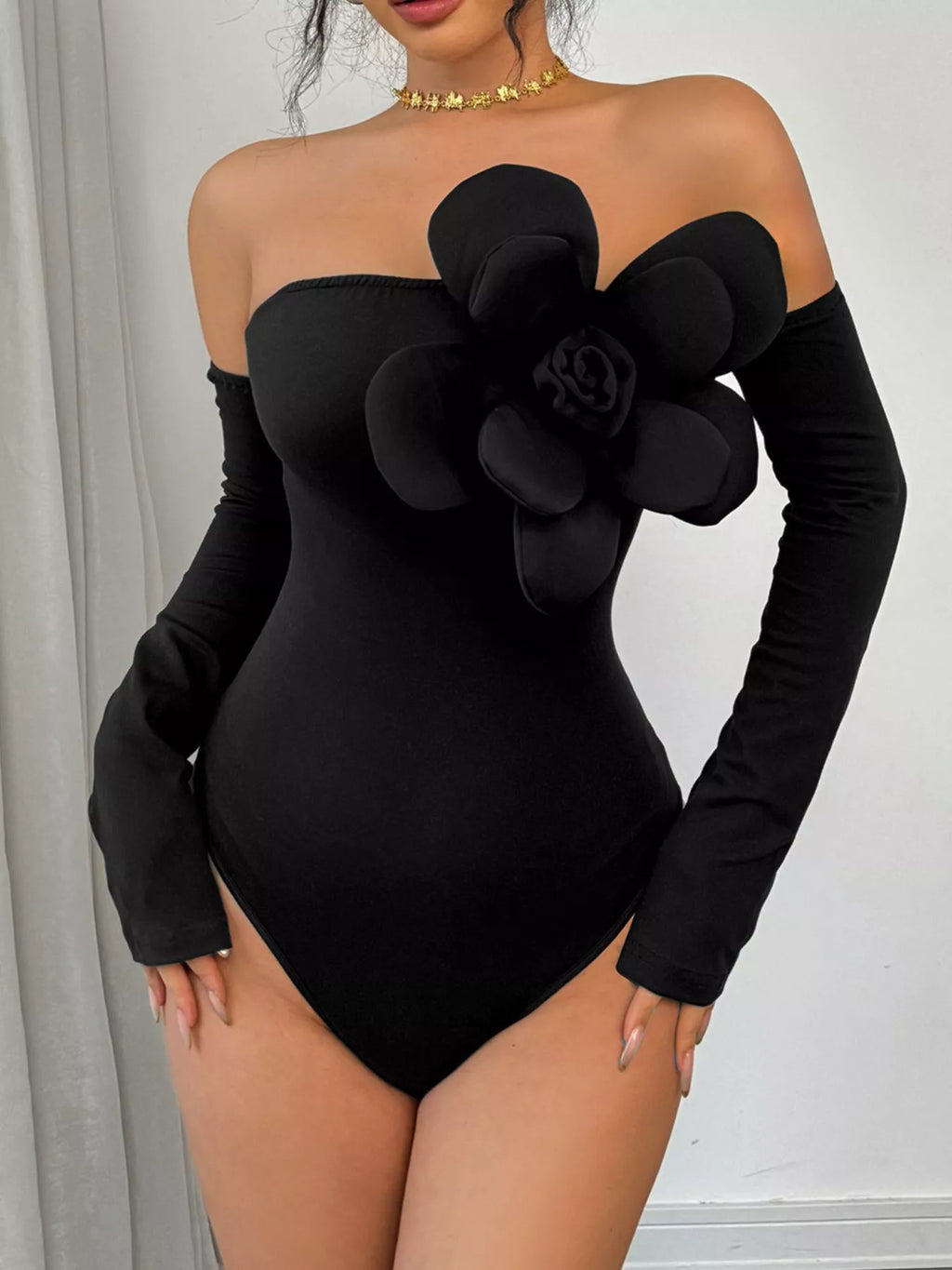Flower Off-Shoulder Long Sleeve Bodysuit - Girly Tea
