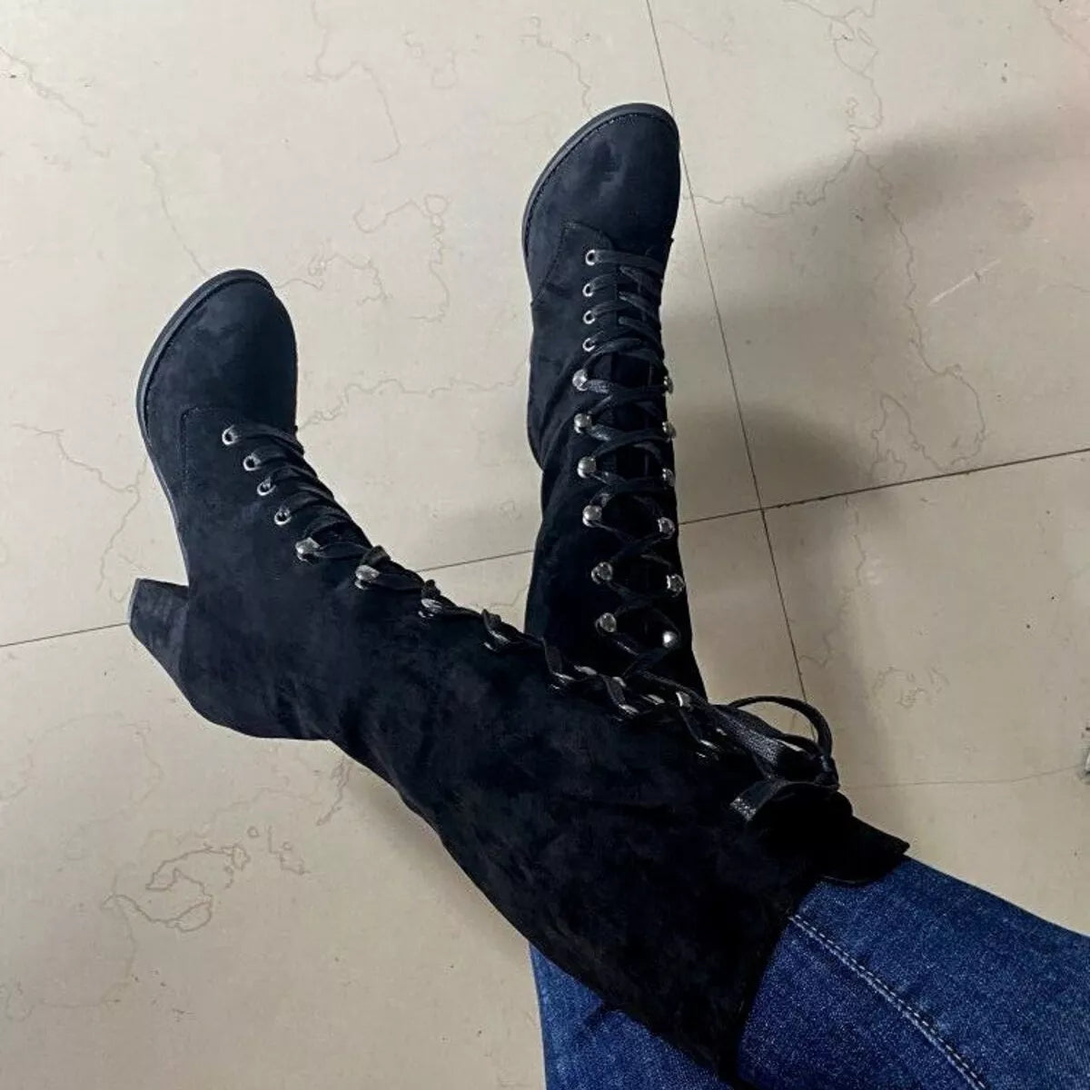 Lace Up Block Heels Boots - Girly Tea