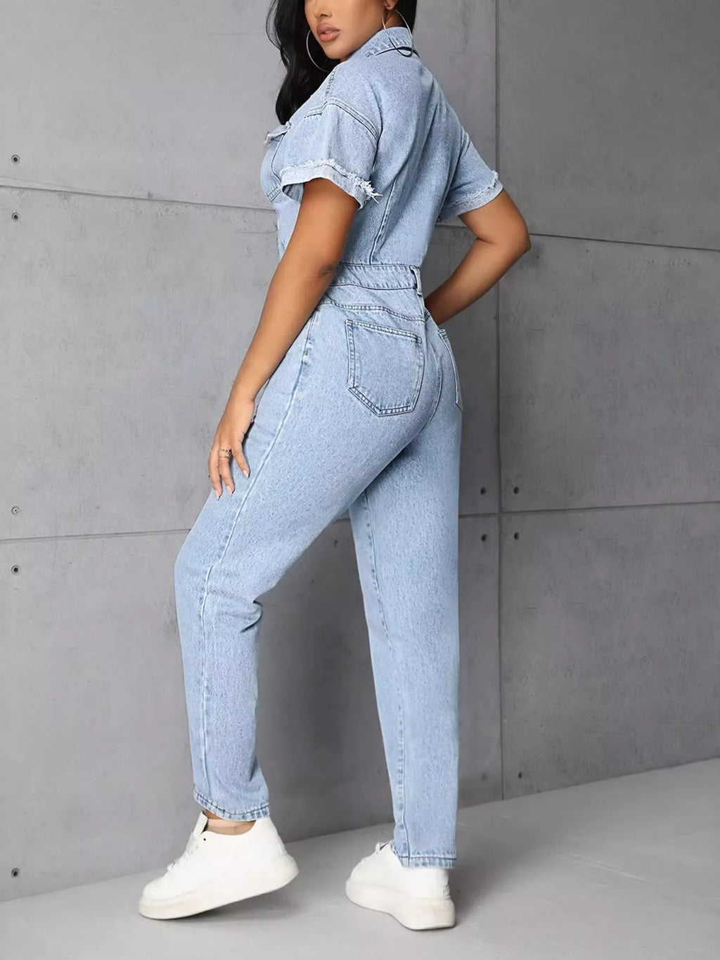 Button Front Short Sleeve Denim Jumpsuit - Girly Tea