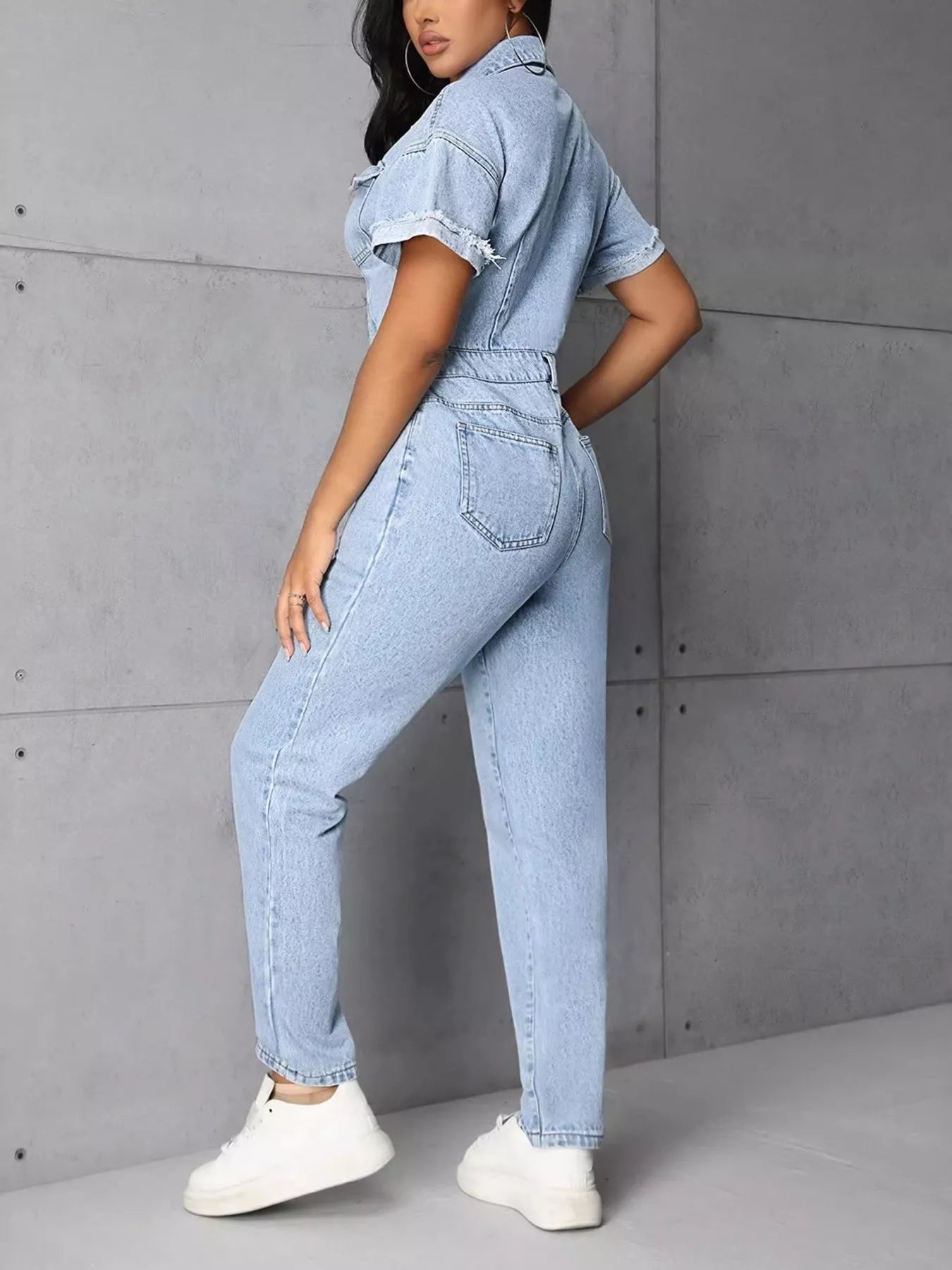 Button Front Short Sleeve Denim Jumpsuit - Girly Tea
