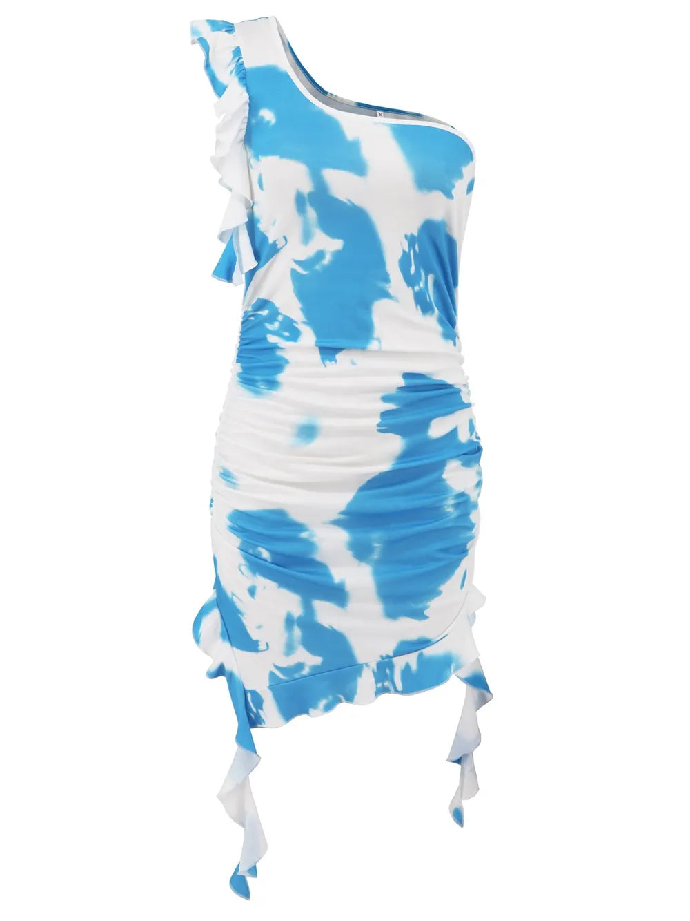 Ruffled Tie-Dye Single Shoulder Mini Dress - Girly Tea