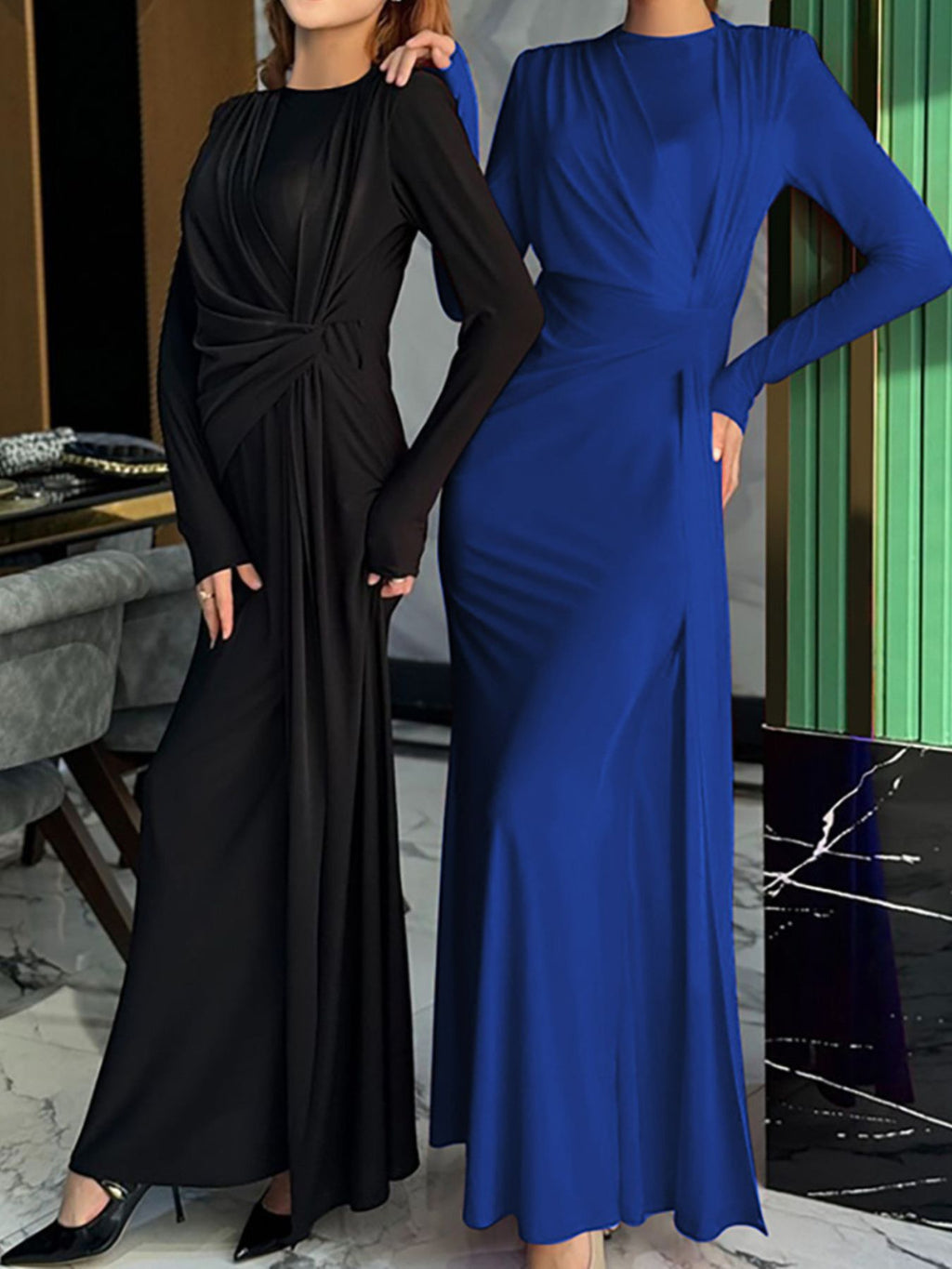 Ruched Knot Front Long Sleeve Maxi Dress - Girly Tea