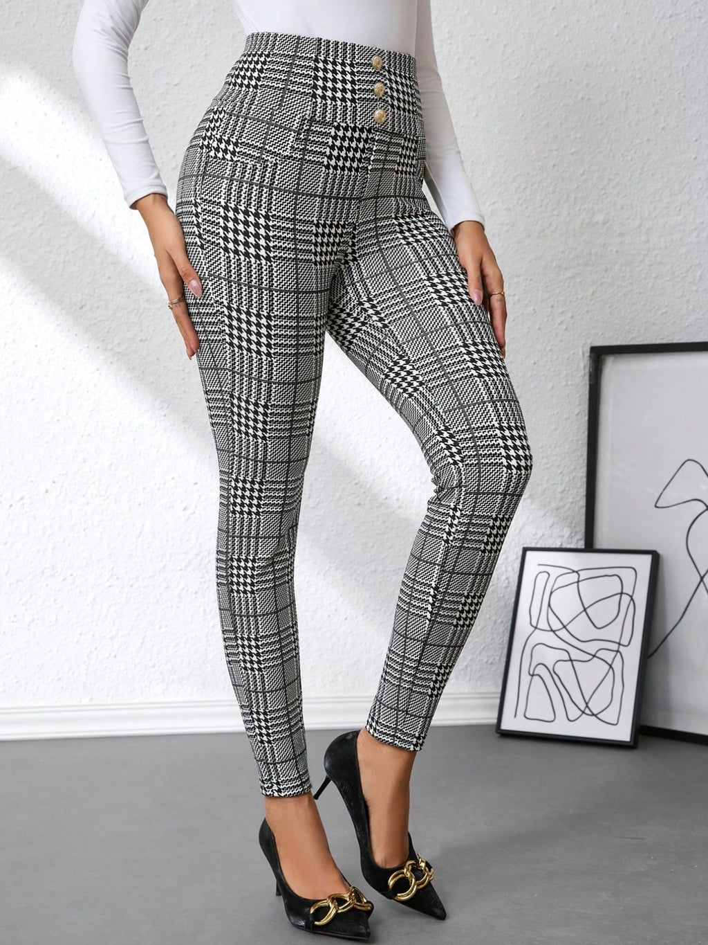 High Waist Plaid Slim Fit Pants - Girly Tea