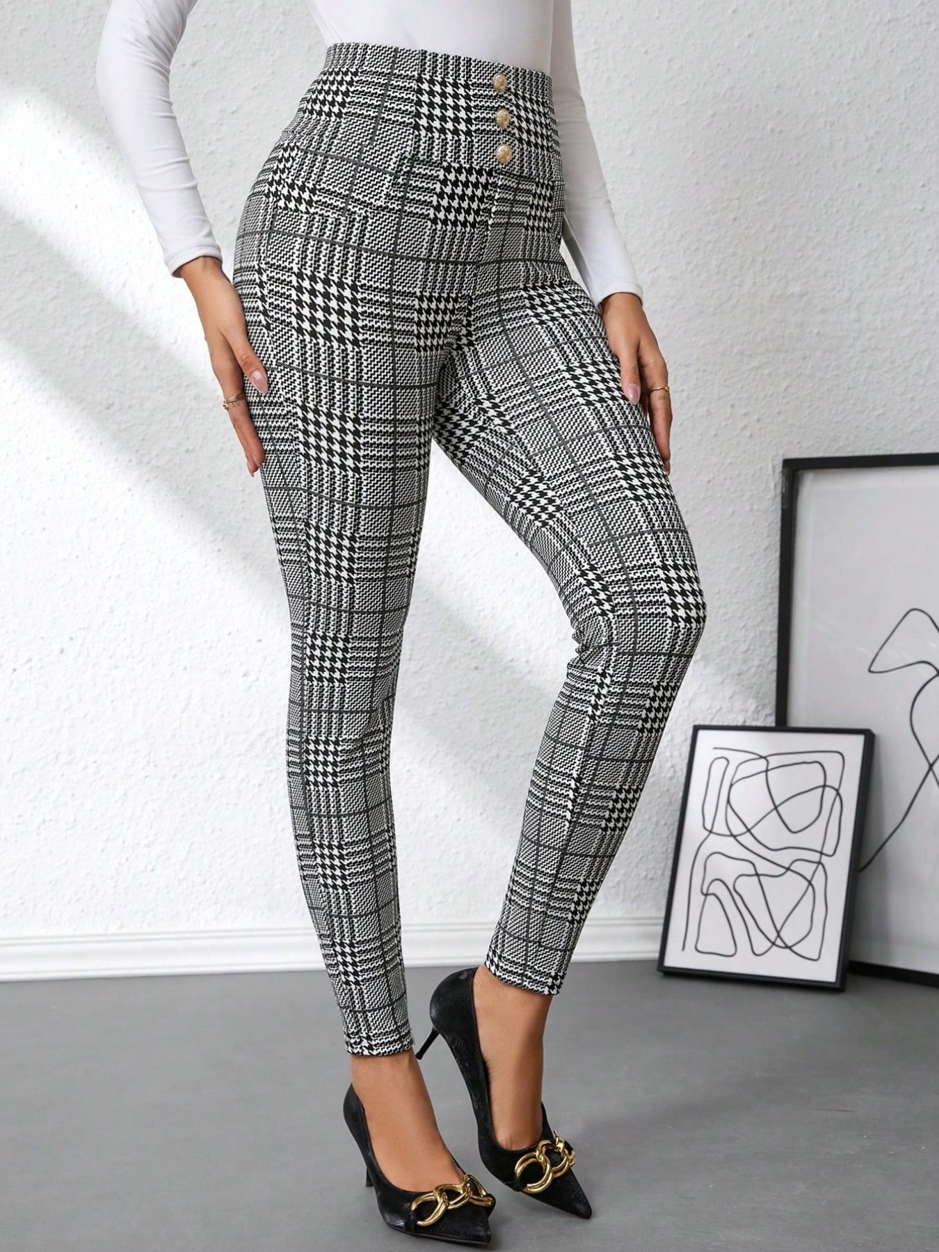 High Waist Plaid Slim Fit Pants - Girly Tea