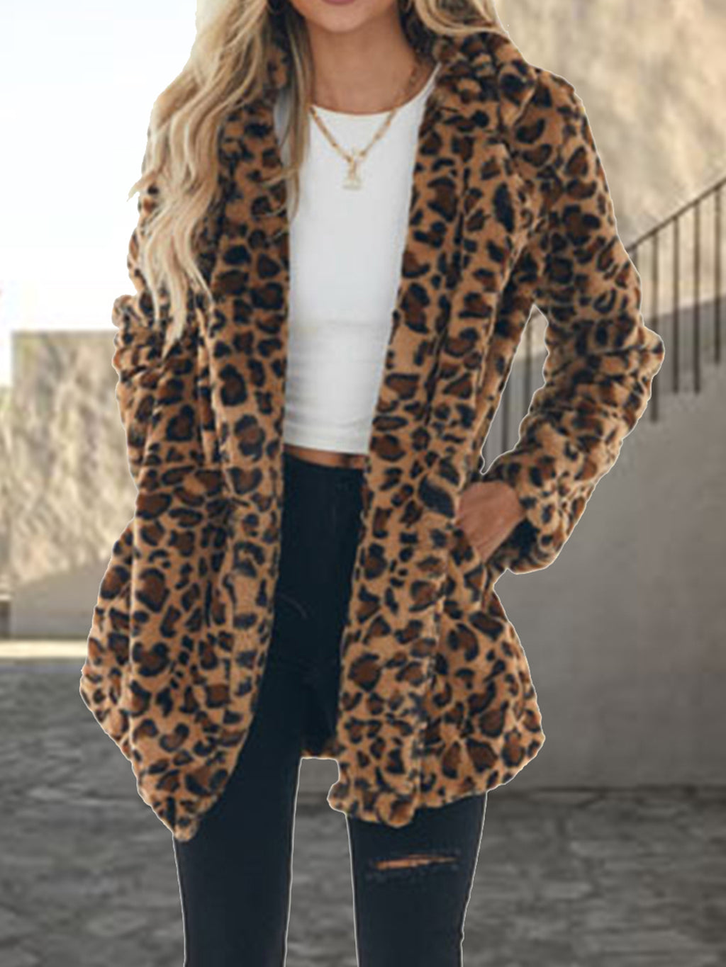 Leopard Collared Neck Coat with Pockets - Girly Tea