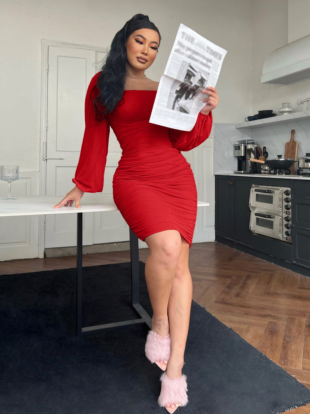 Zip-Back Ruched Bodycon Dress - Girly Tea