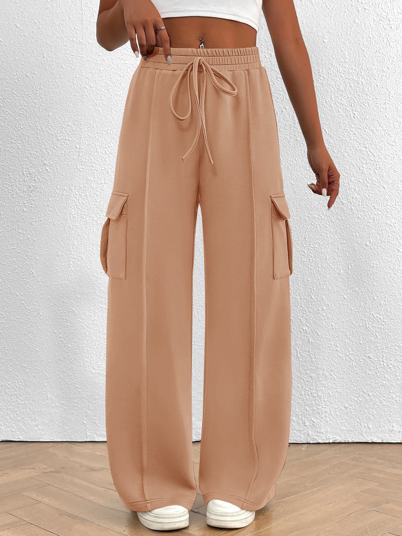 Casual High Waist Cargo Pants with Drawstring - Girly Tea