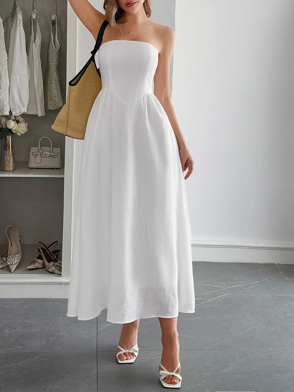 Strapless A-Line Midi Dress with Pockets - Girly Tea