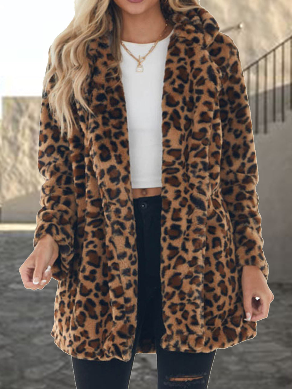 Leopard Collared Neck Coat with Pockets - Girly Tea