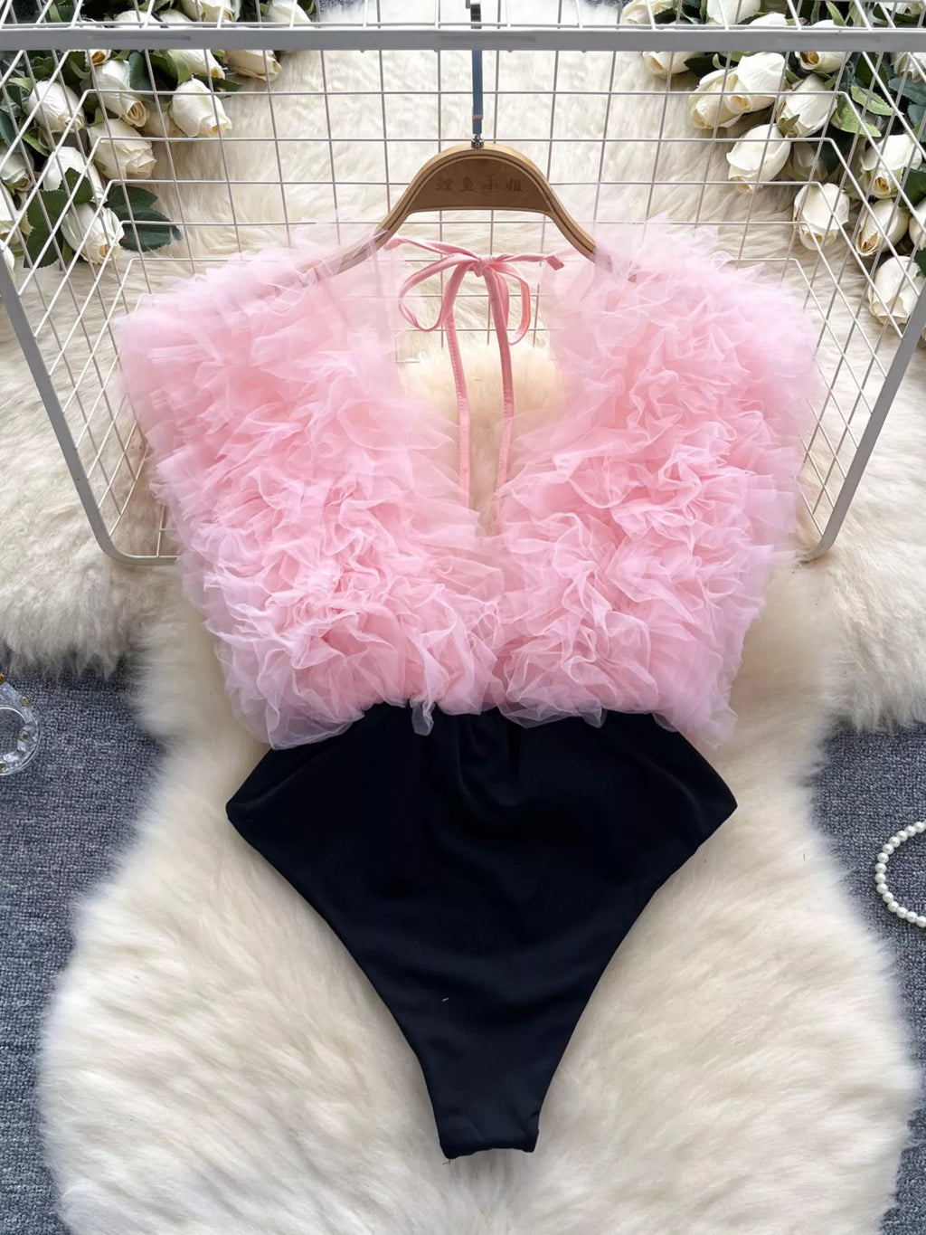 Ruffle Trim Sleeveless Bodysuit - Girly Tea