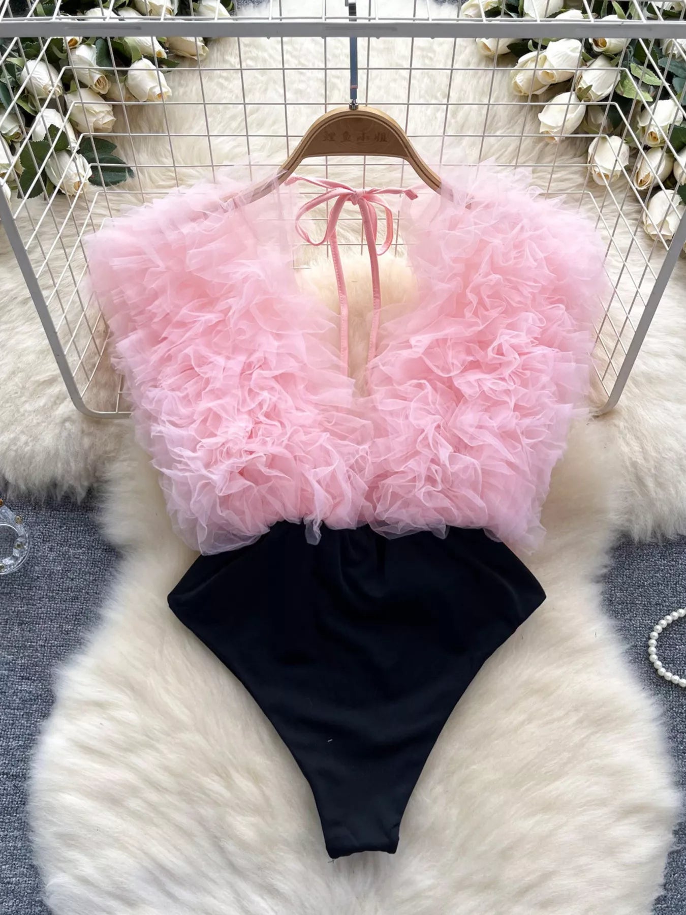 Ruffle Trim Sleeveless Bodysuit - Girly Tea