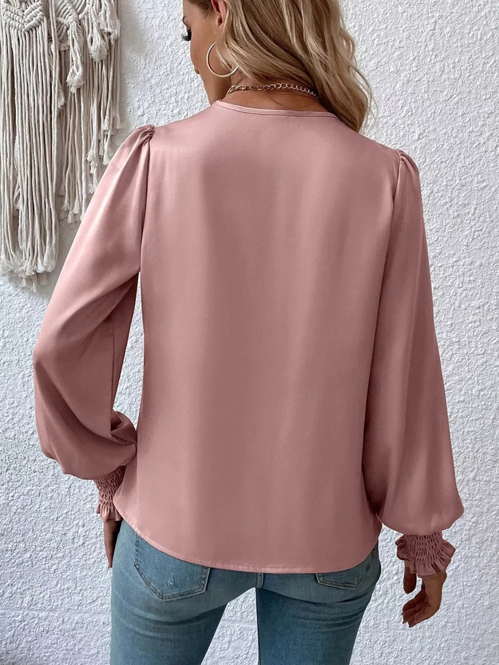 Surplice Smocked Lantern Sleeve Blouse - Girly Tea