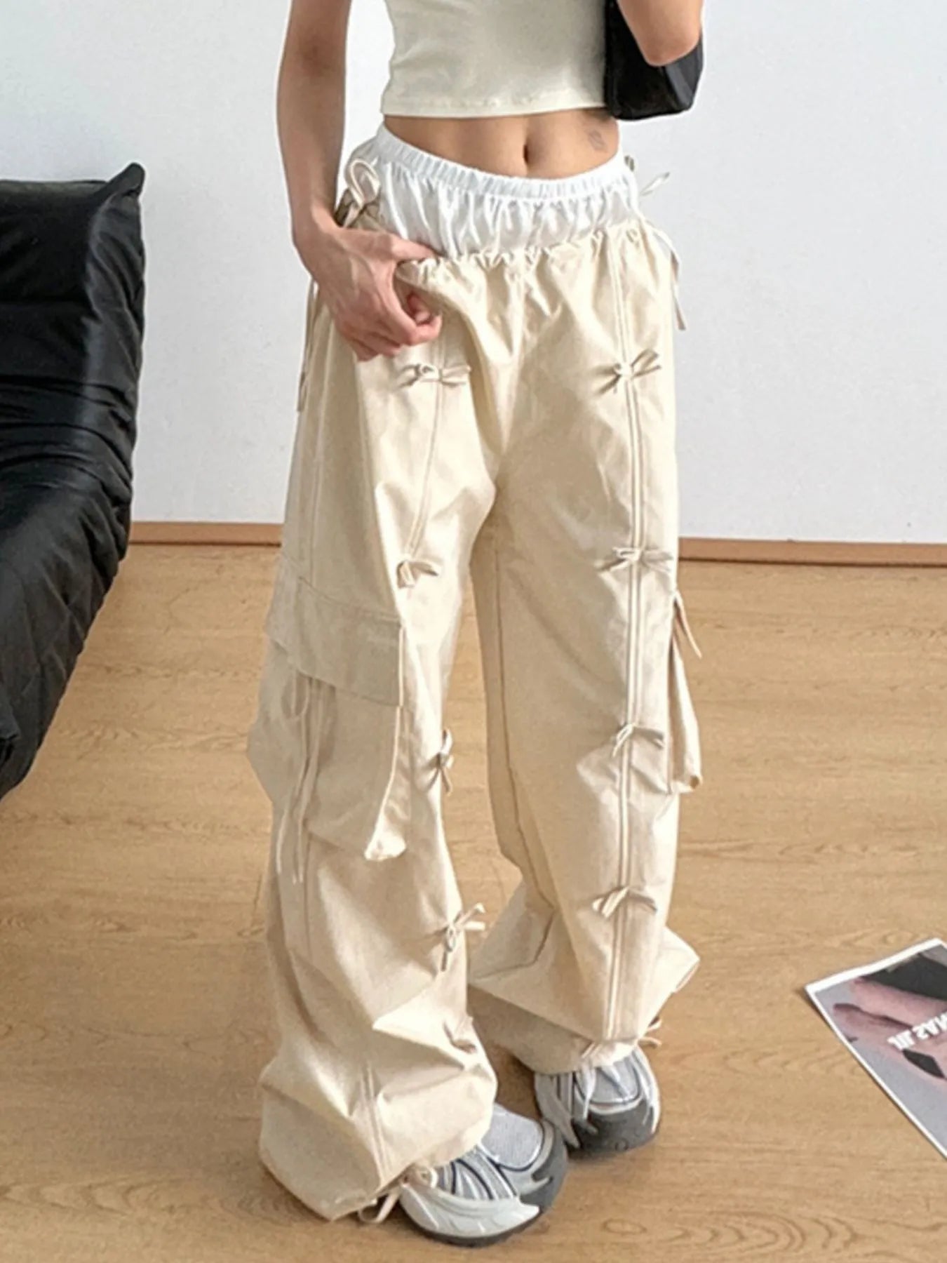 Bow Elastic Waist Cargo Pants - Girly Tea