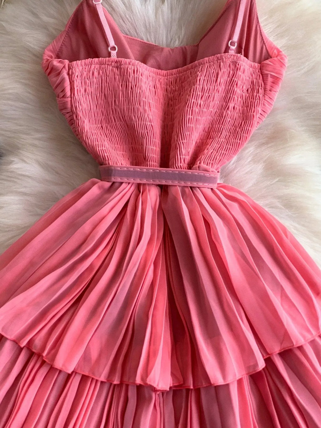 Pleated Layered Spaghetti Strap Midi Dress - Girly Tea