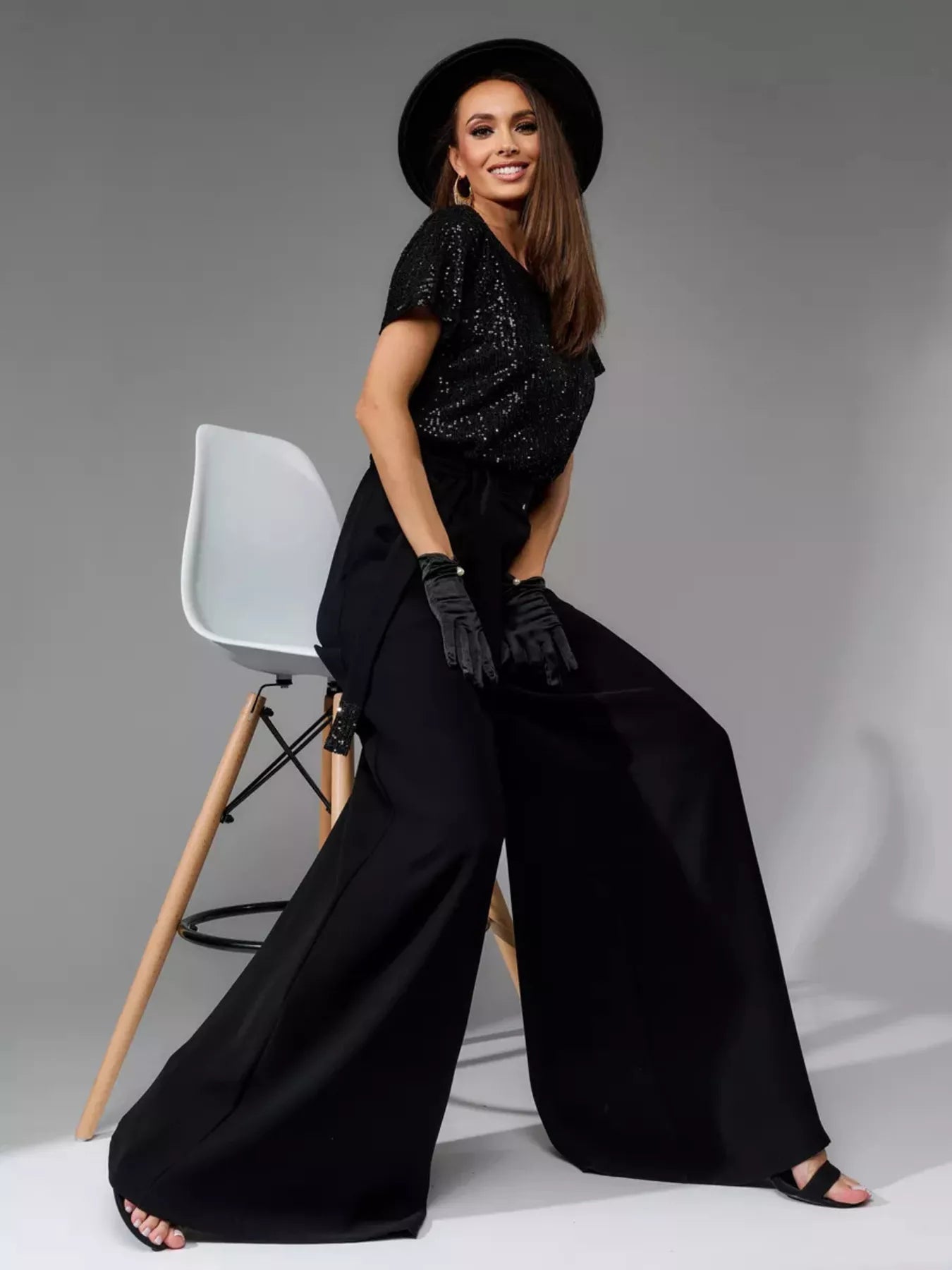 Full Size Sequin Short Sleeve Wide Leg Jumpsuit Plus Size - Girly Tea