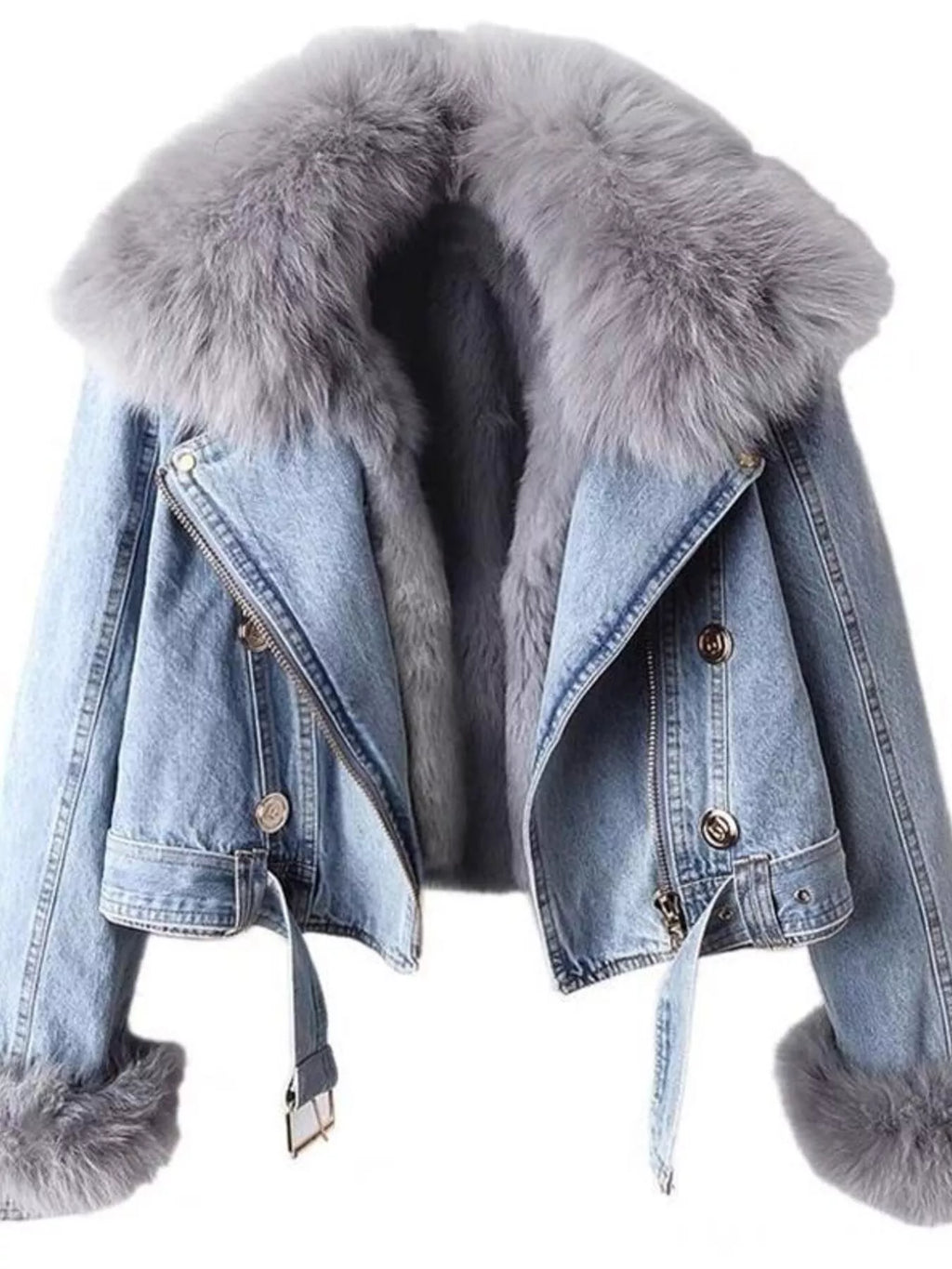 Full Size Faux Fur Collar Denim Jacket Plus Size - Girly Tea