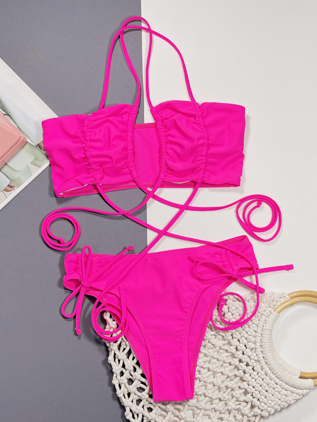 Halter Neck Drawstring Detail Bikini Set - Girly Tea