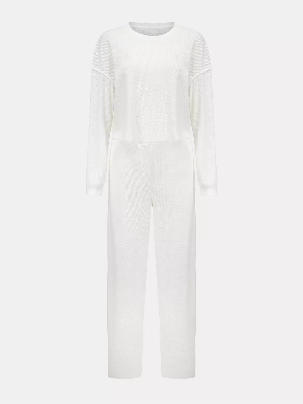 Waffle-Knit Round Neck Top and Pants Set - Girly Tea