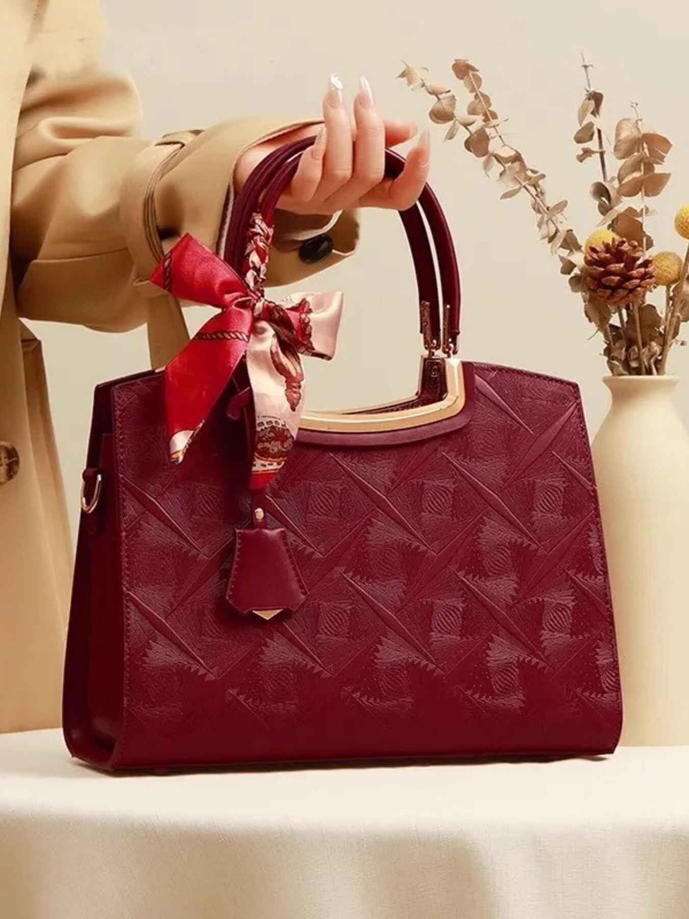 Embossed Leather Top Handle Handbag