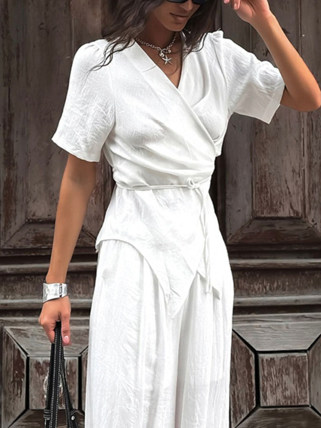 Wrap Top & Wide Leg Pants Set - Girly Tea