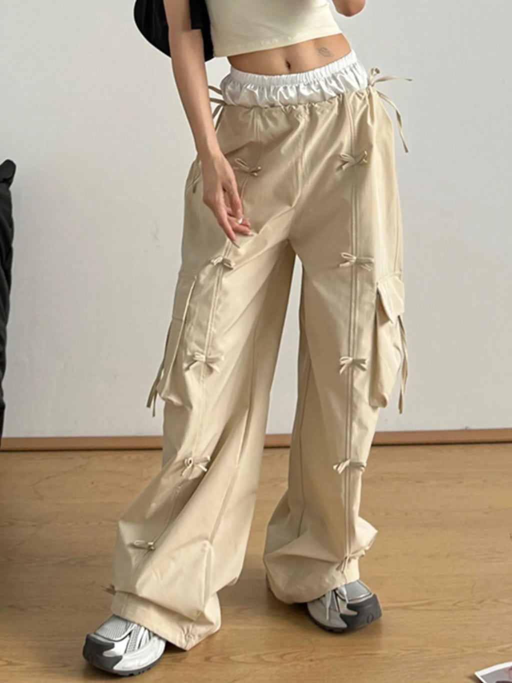 Bow Elastic Waist Cargo Pants - Girly Tea