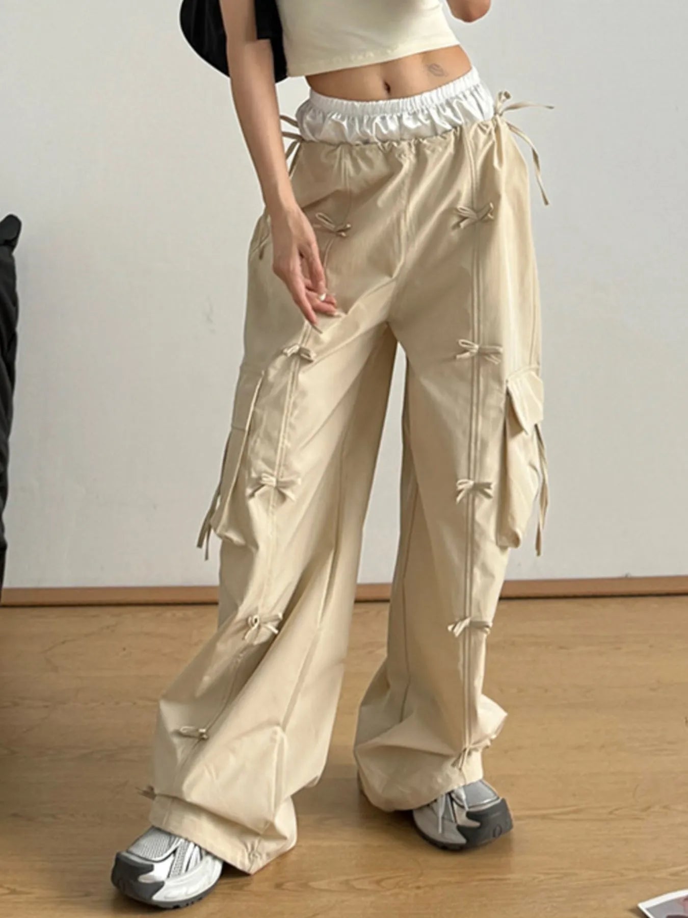 Bow Elastic Waist Cargo Pants - Girly Tea