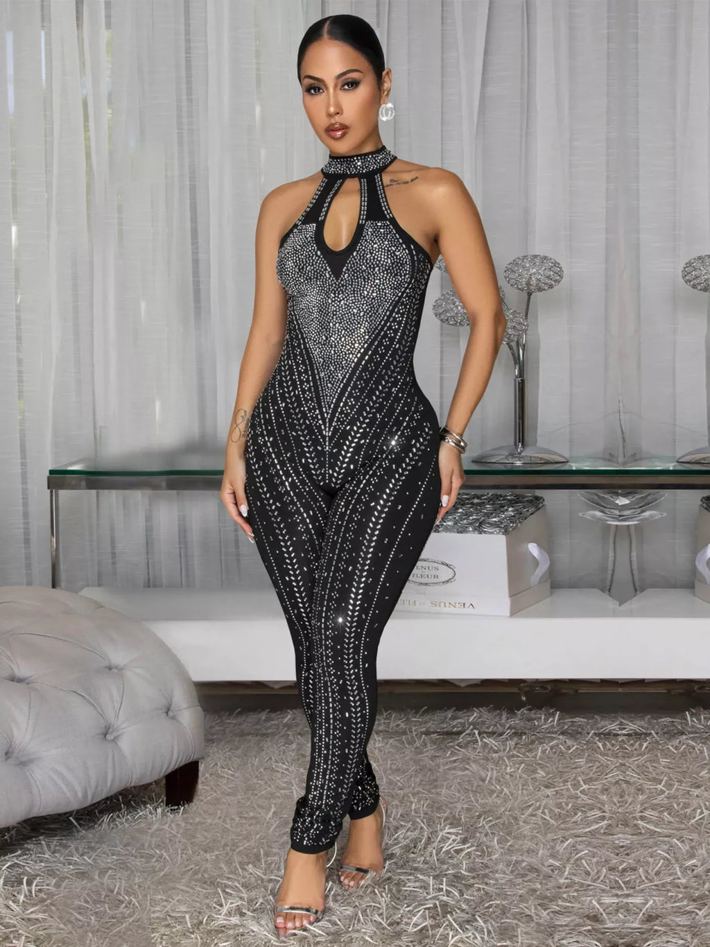 Sparkling Rhinestone Cutout Jumpsuit - Girly Tea