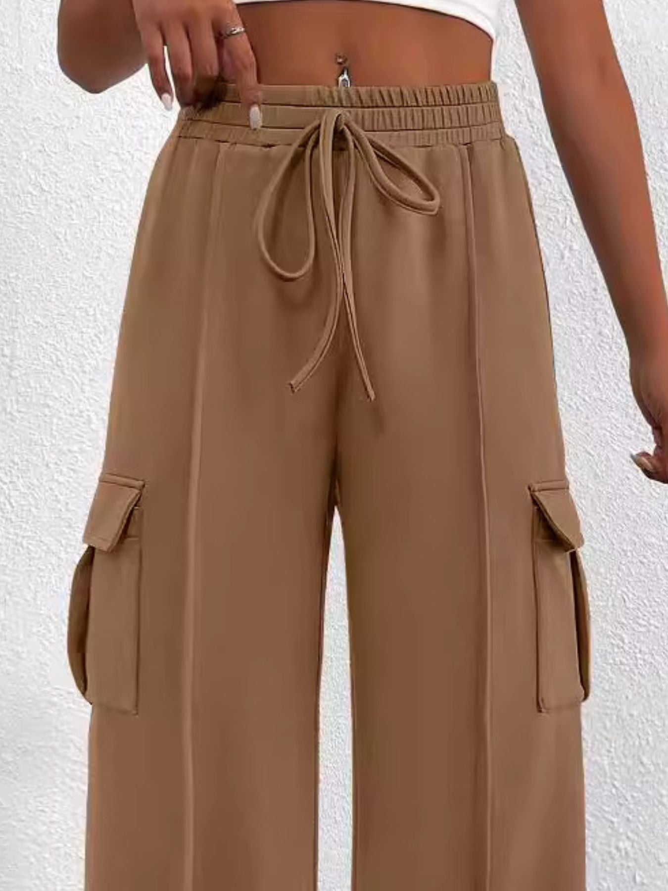 Casual High Waist Cargo Pants with Drawstring - Girly Tea