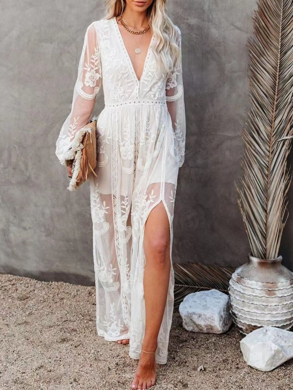 Floral Lace Slit Maxi Dress - Girly Tea