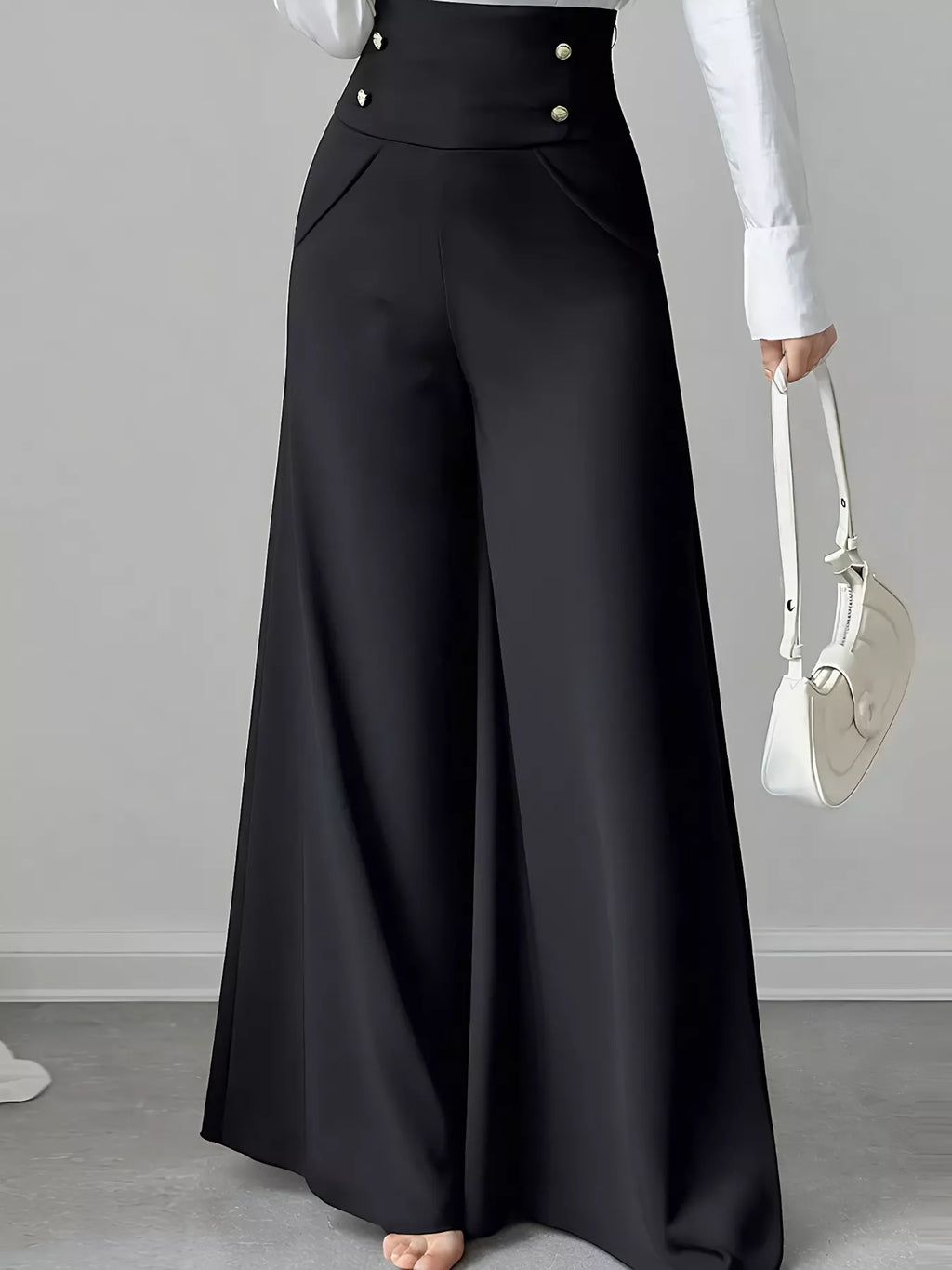 High Waist Wide Leg Button Decor Pants - Girly Tea