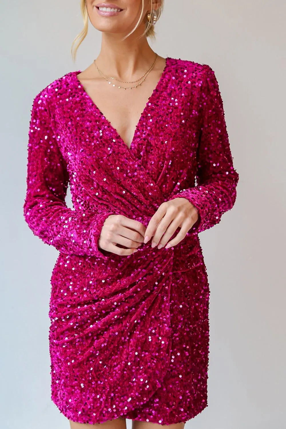 Sequin Surplice Long Sleeve Mini Dress - Girly Tea